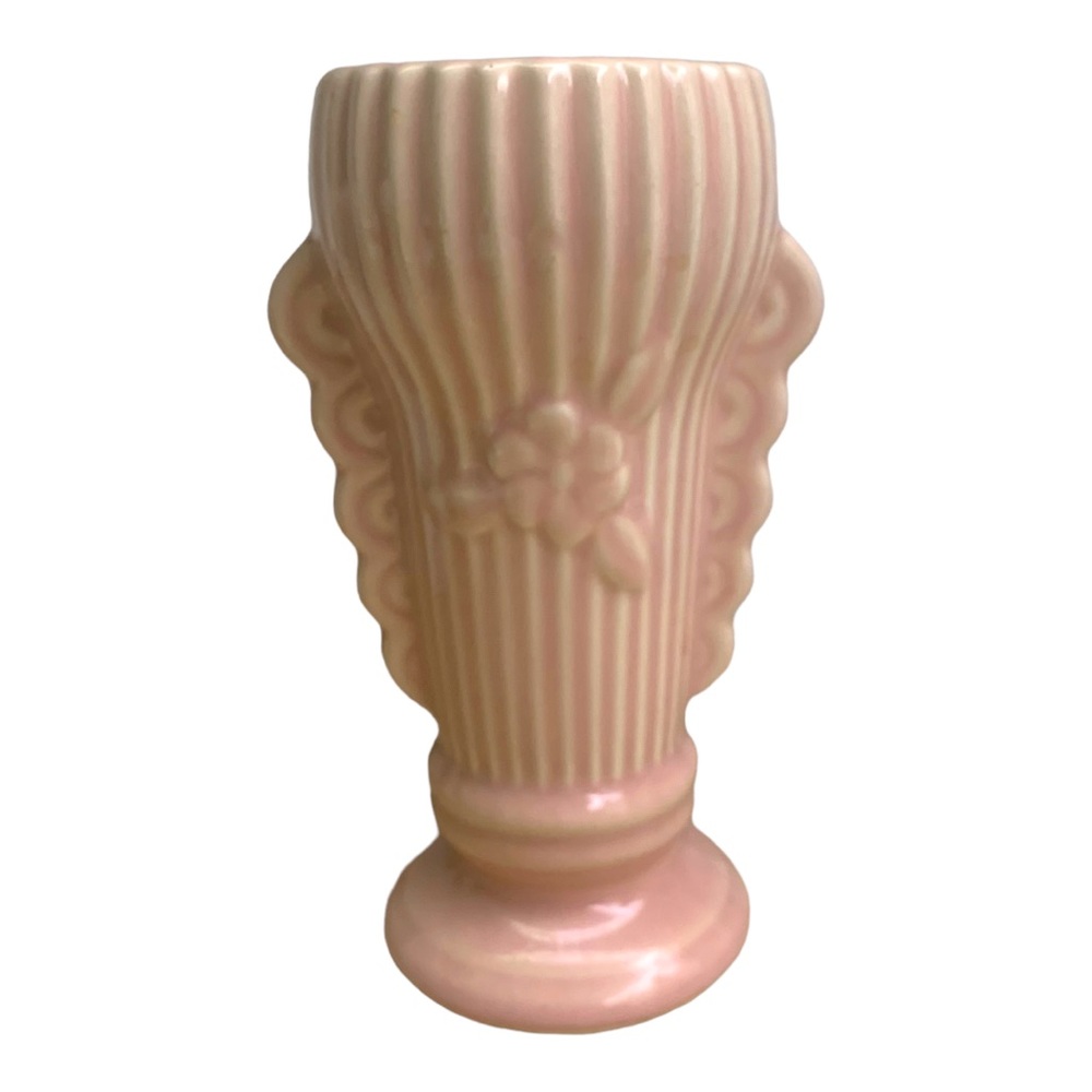 VTG 40’s-50’s Pink Floral Mottled Pottery Flower Vase Marked Midcentury Art Deco